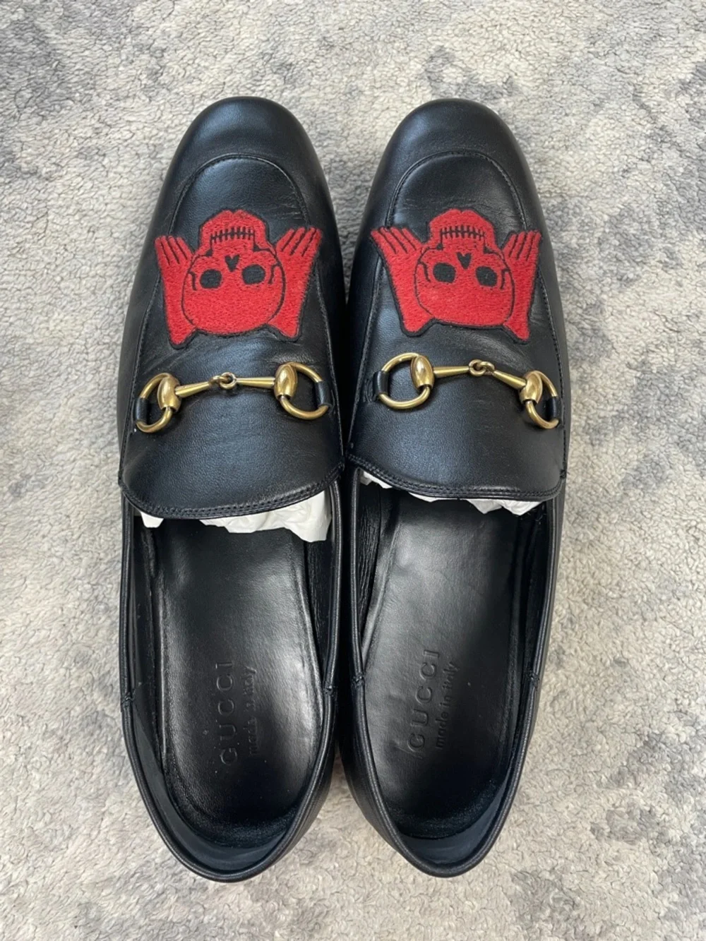 Gucci Black Leather Agnello Plonge Skull Wings Brixton Horsebit Loafers 11.5